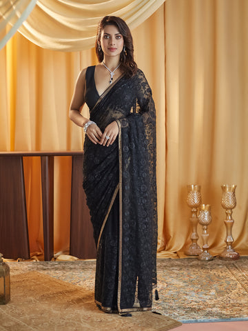 KASEE Women Black Embellished Chikankari Pure Chiffon Saree