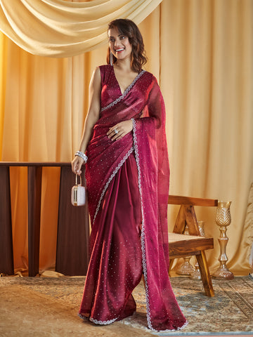 KASEE Women Rani Embellished Beads and Stones Saree