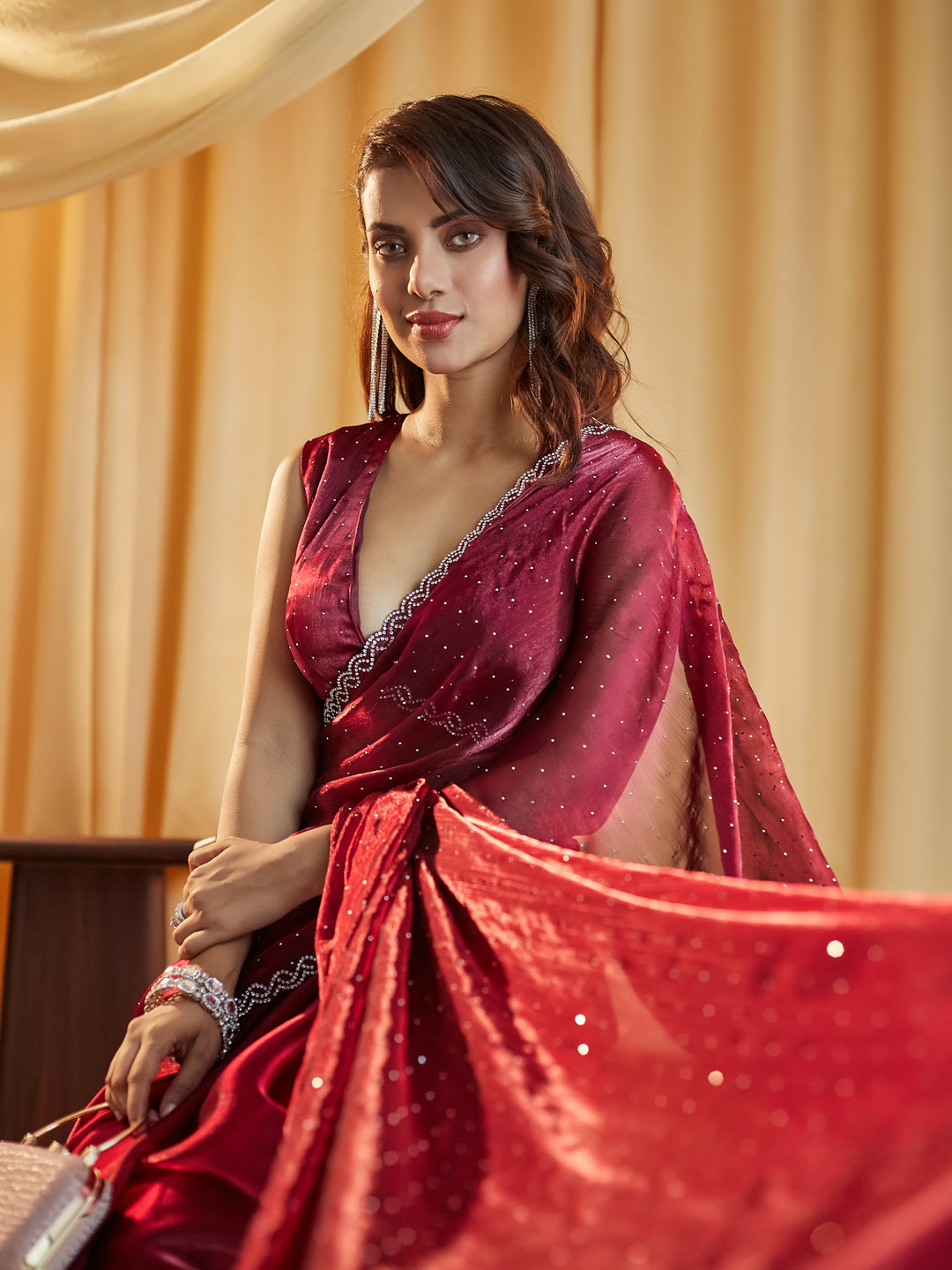 KASEE Women Rani Embellished Beads and Stones Saree