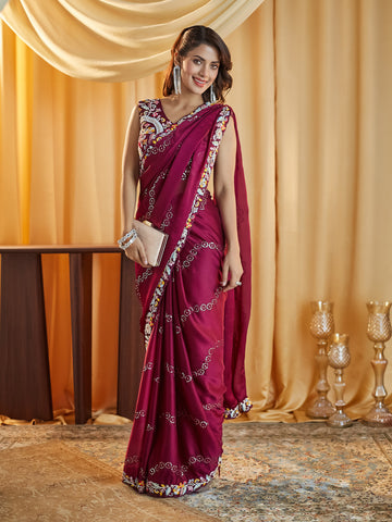 KASEE Women Wine Ethnic Motifs Kutchi Embroidery Pure Silk Saree