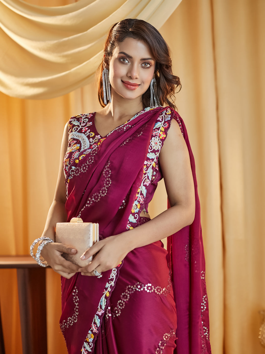 KASEE Women Wine Ethnic Motifs Kutchi Embroidery Pure Silk Saree