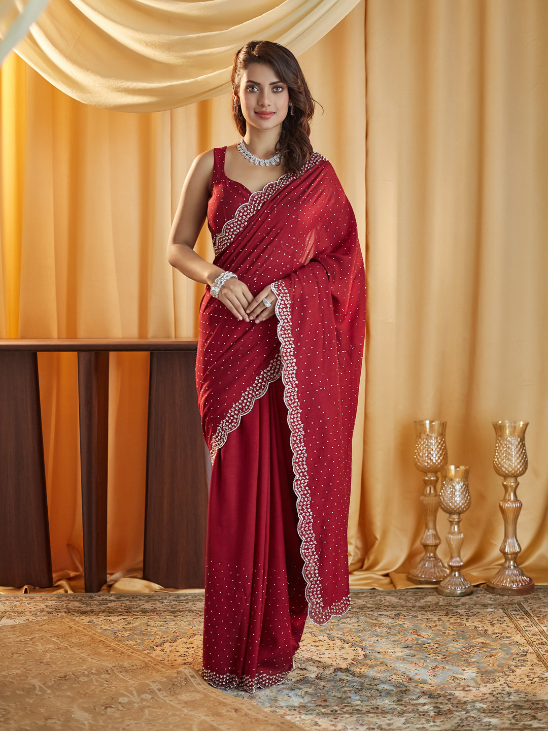 KASEE Women Gajri Embellished Beads and Stones Silk Blend Saree