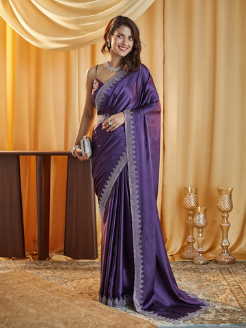 KASEE Women Purple Embellished Beads and Stones Satin Saree