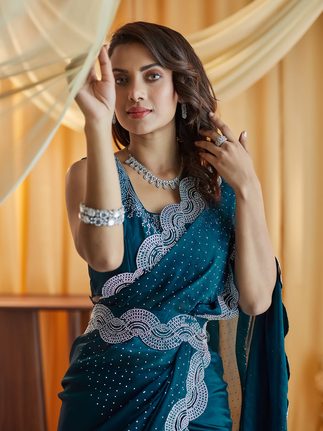 KASEE Women Teal Embellished Beads and Stones Silk Blend Saree