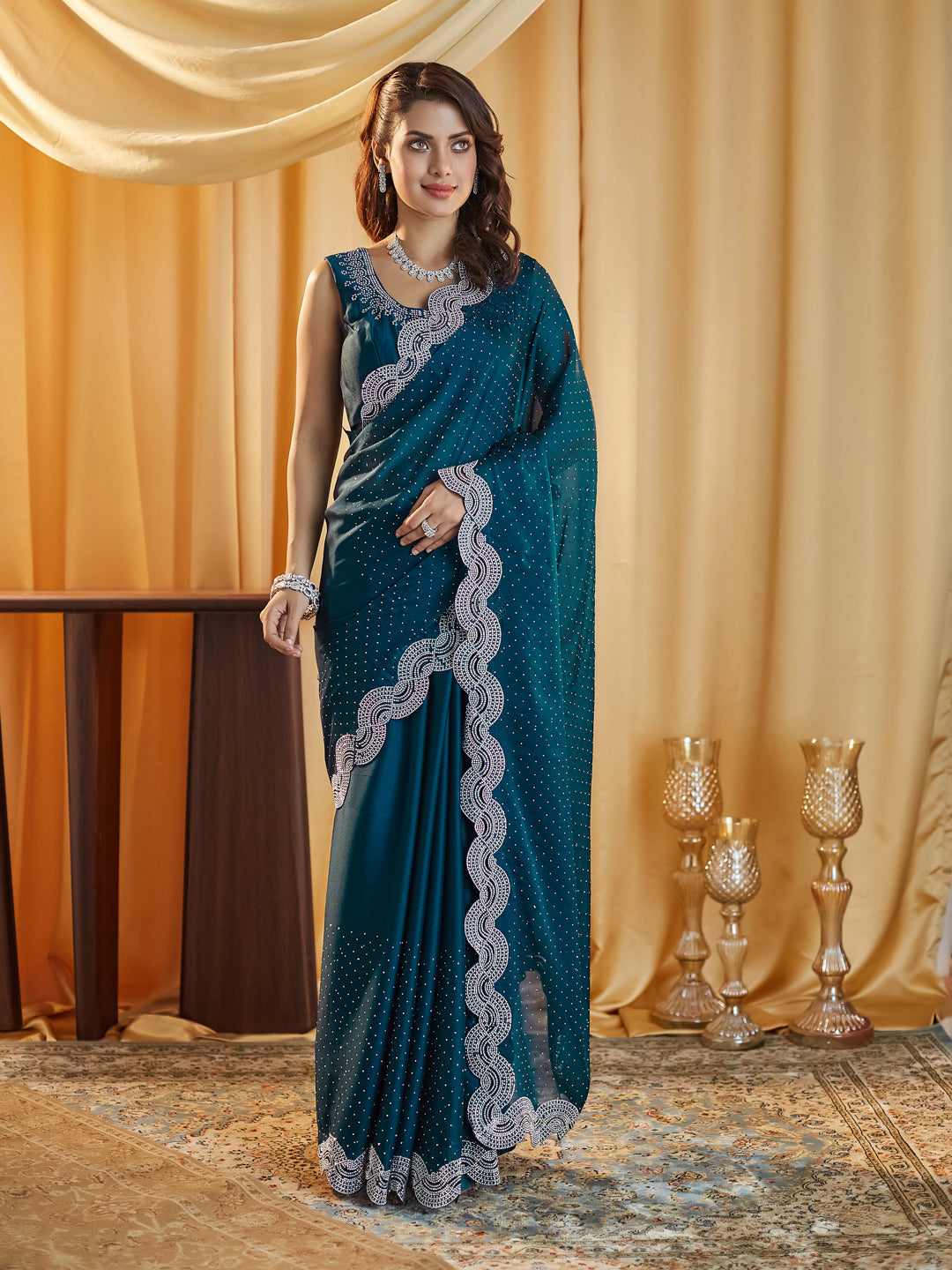 KASEE Women Teal Embellished Beads and Stones Silk Blend Saree