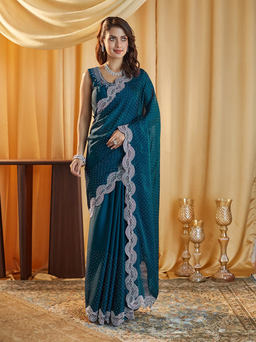 KASEE Women Teal Embellished Beads and Stones Silk Blend Saree