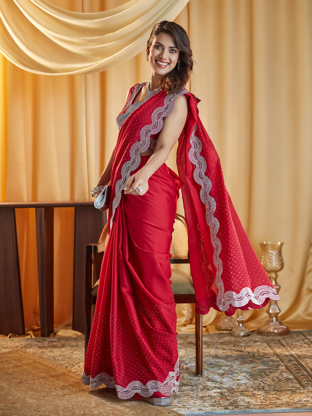 KASEE Women Cherry Embellished Beads and Stones Silk Blend Saree
