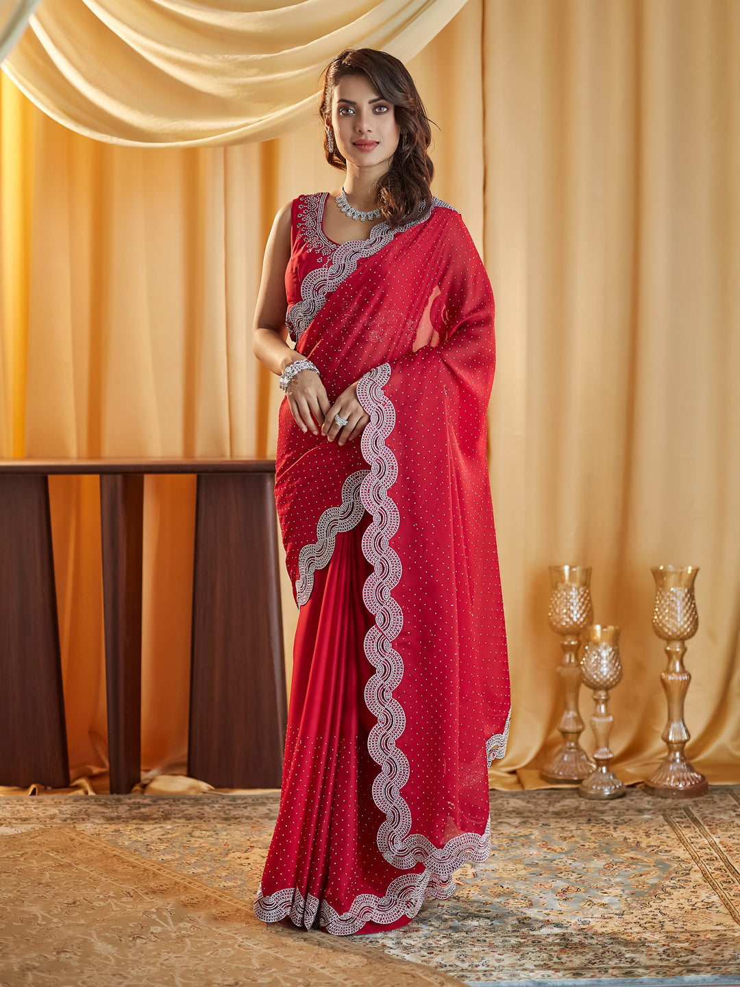 KASEE Women Cherry Embellished Beads and Stones Silk Blend Saree