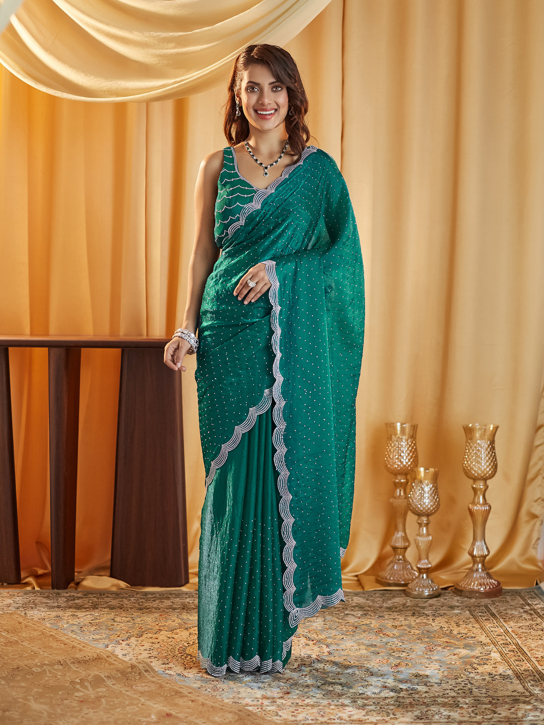 KASEE Women Teal Embellished Beads and Stones Pure Silk Saree