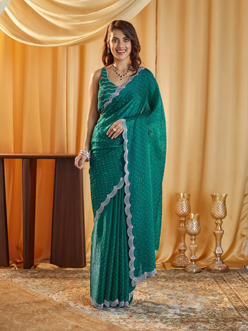 KASEE Women Teal Embellished Beads and Stones Pure Silk Saree