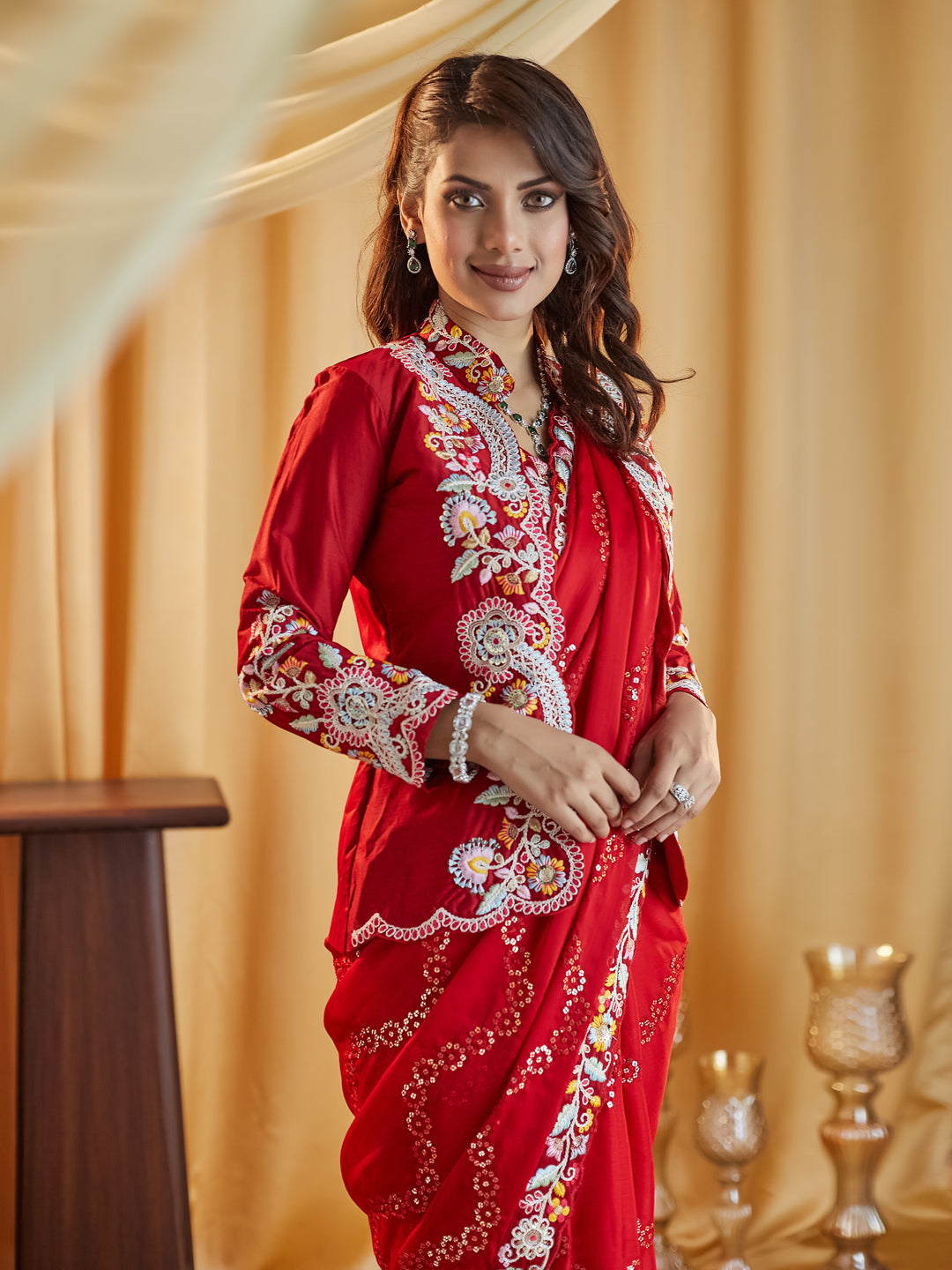 KASEEE Women Cherry Ethnic Motifs Kutchi Embroidery Pure Silk Saree