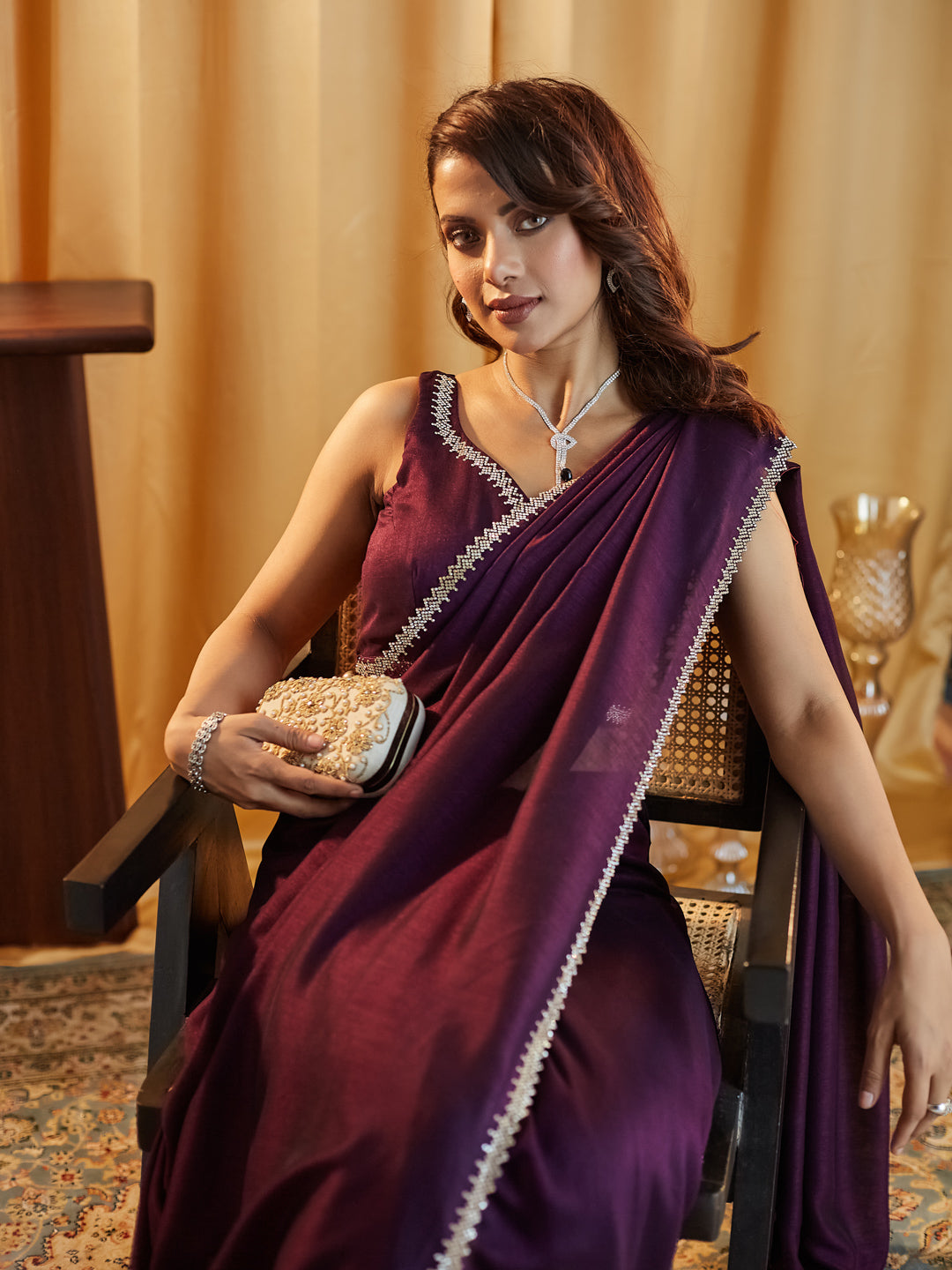KASEE Women Violet Beads and Stones Silk Blend Saree