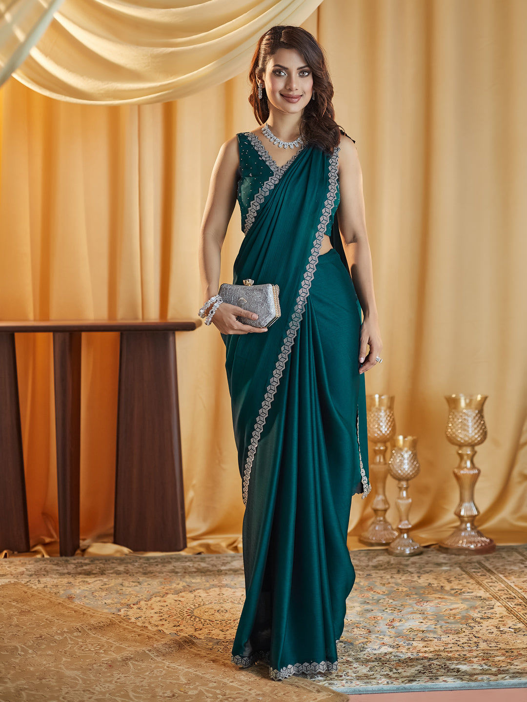 KASEE Women Firozi Silk Blend Saree with Geometric Stone Embellished Border
