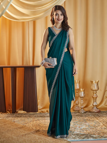 KASEE Women Firozi Silk Blend Saree with Geometric Stone Embellished Border