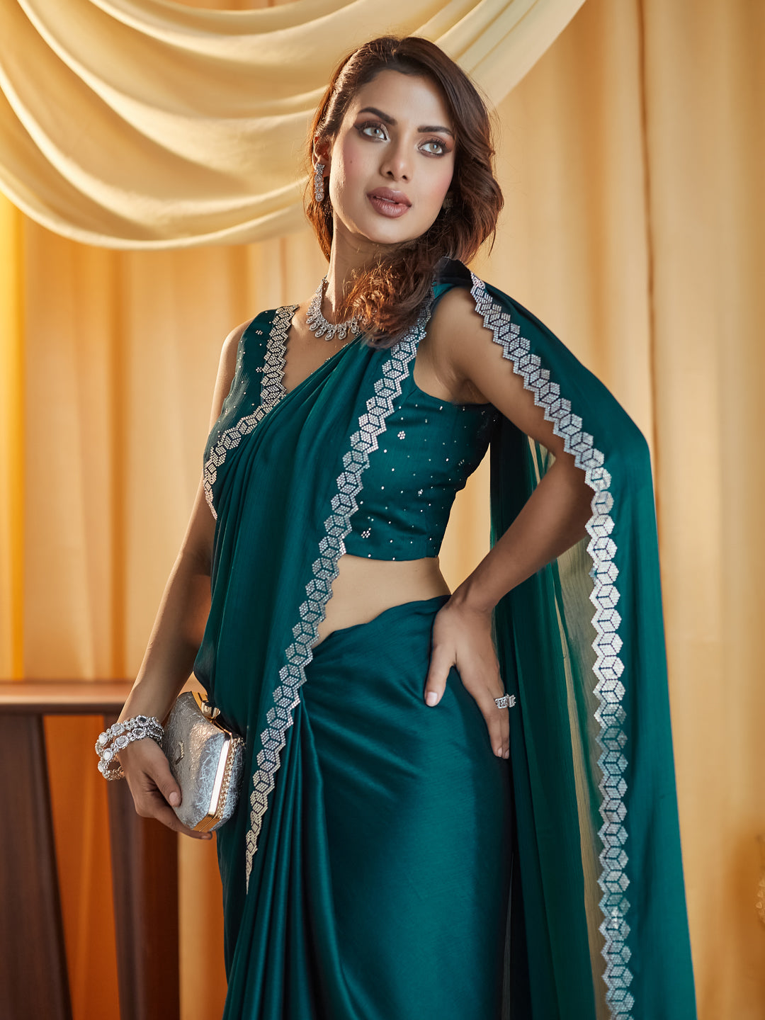 KASEE Women Firozi Silk Blend Saree with Geometric Stone Embellished Border