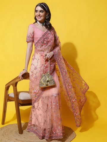 KASEE Women Peach-Coloured Floral Embroidered Net Saree