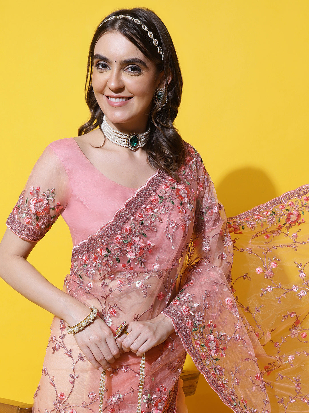 KASEE Women Peach-Coloured Floral Embroidered Net Saree