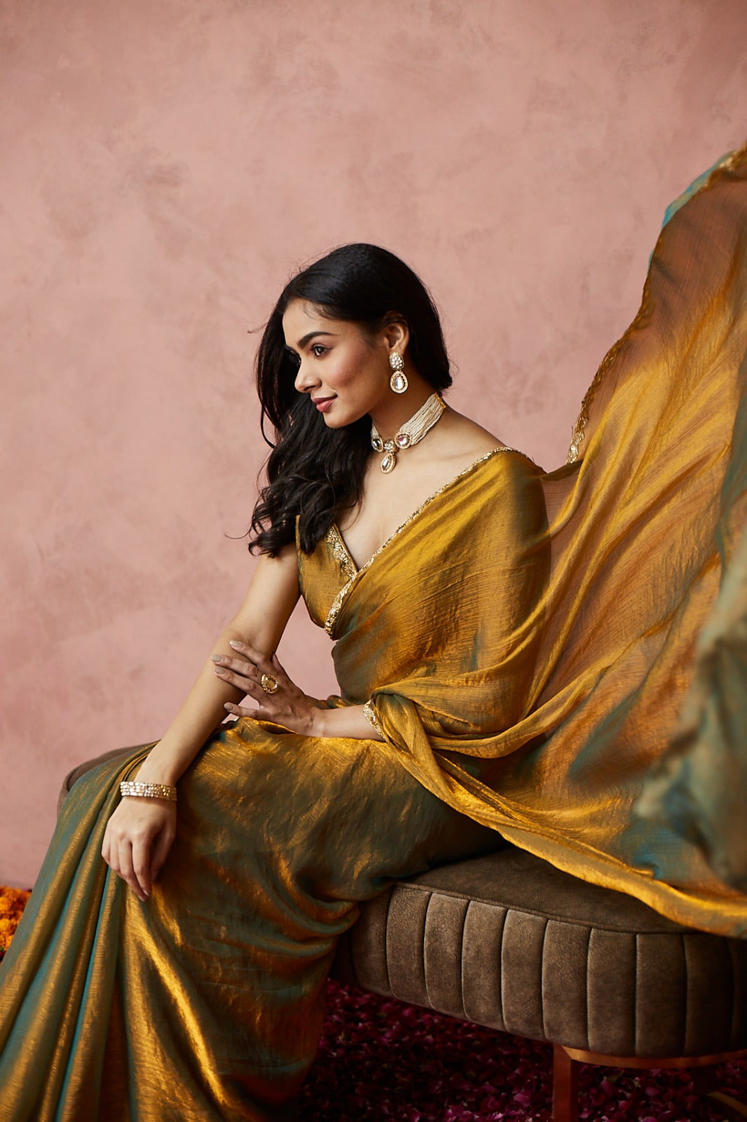 KASEE Women Silk Solid Embellished Gold Ready to Wear Saree
