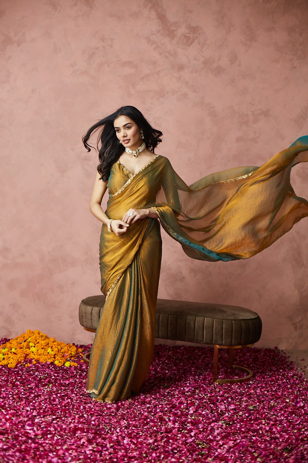 KASEE Women Silk Solid Embellished Gold Ready to Wear Saree
