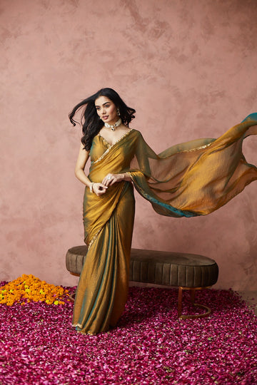 KASEE Women Silk Solid Embellished Gold Ready to Wear Saree