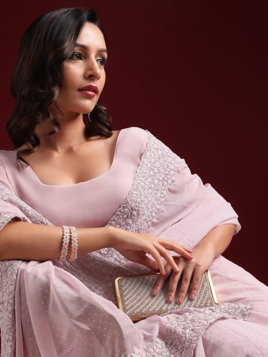 Lavender Beads and Embroidered work georgette Saree