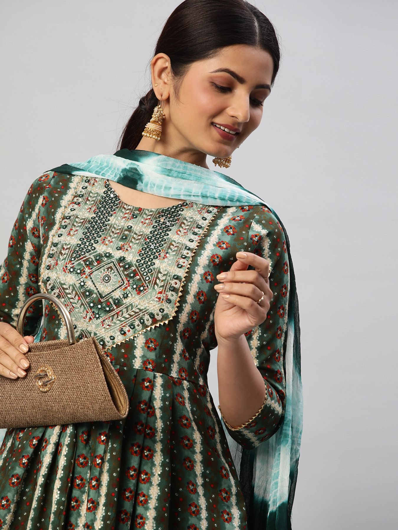 Ethnic Printed Mirror Work & Gotta Patii Details Kurta with Trousers & Dupatta Readymade Suits
