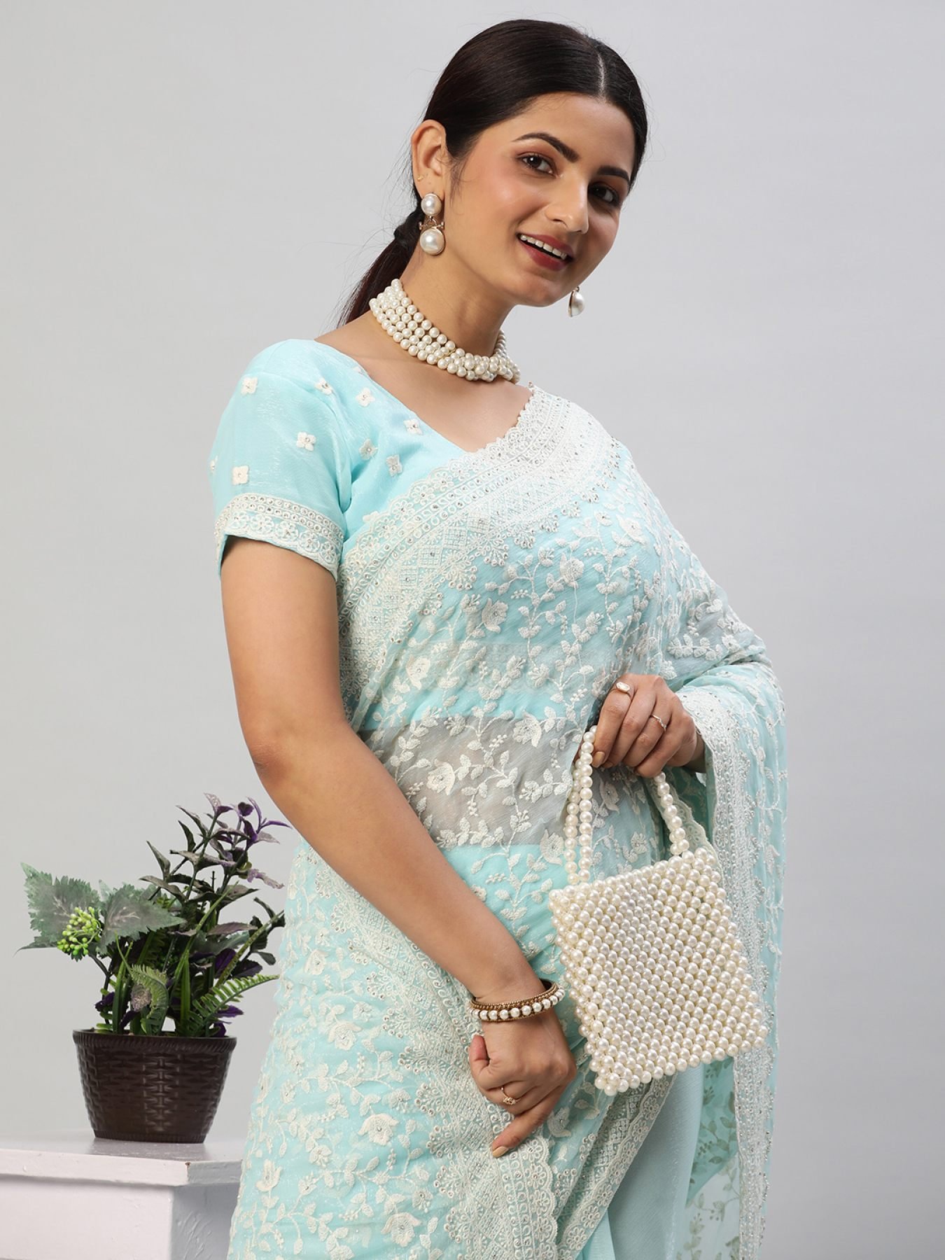 Light green chiffon saree with thread jaal work only on kalki