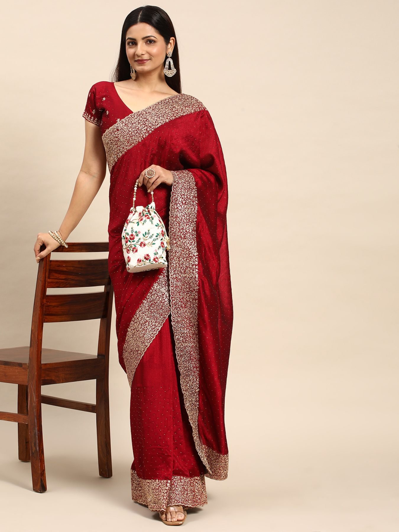 Cherry Red Cheerful Tussar Silk Saree - Rent