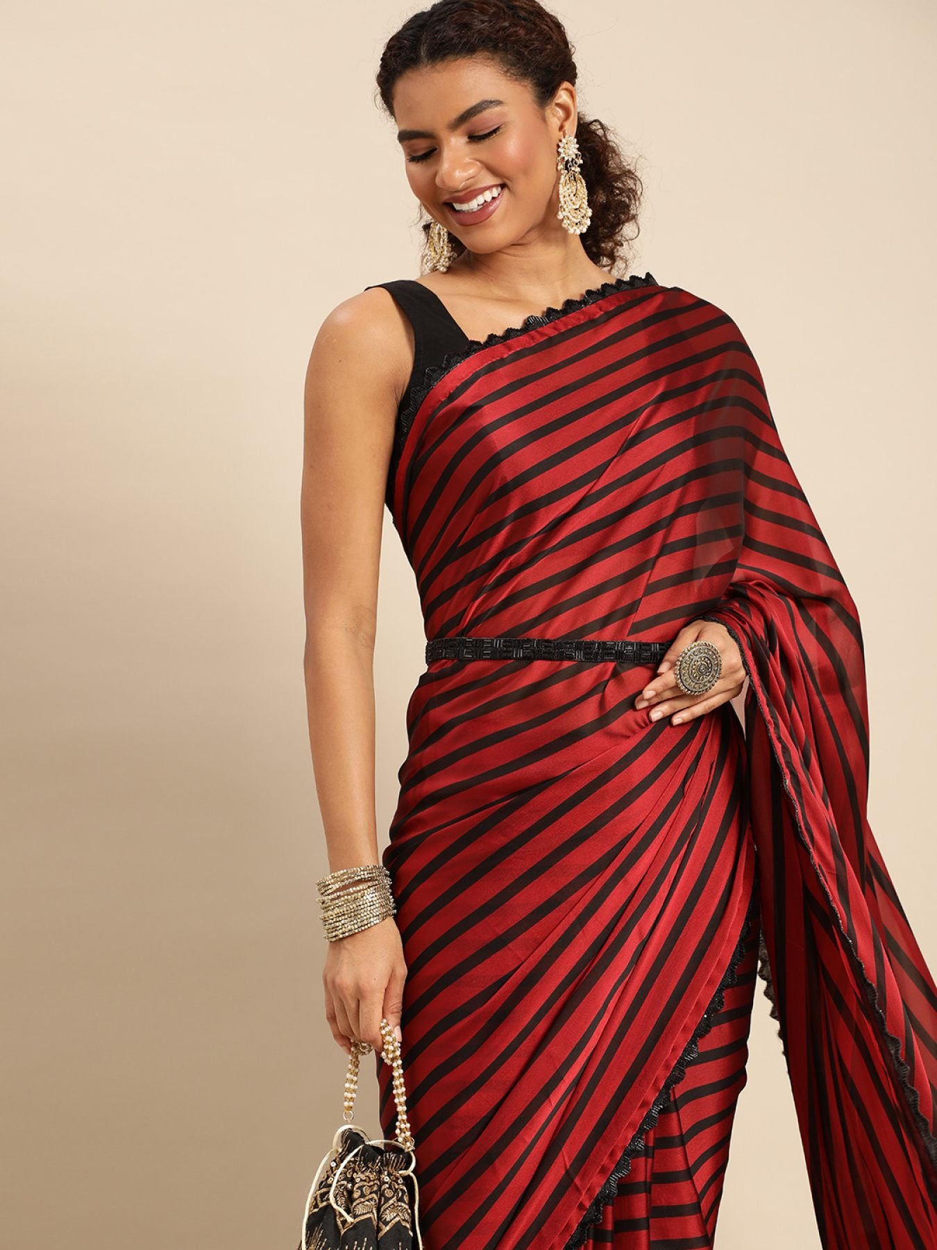 Buy Striped Black Georgette Saree Online| Trendwati.in