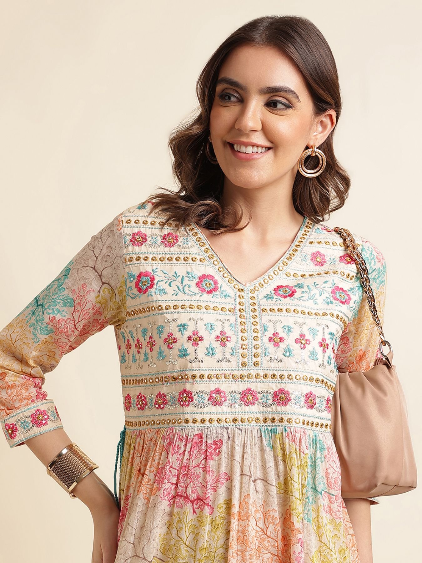 Multi Embroidered V Neck   Printed Anarkali Layered Midi Cotton Blend Kurta KURTA SETS