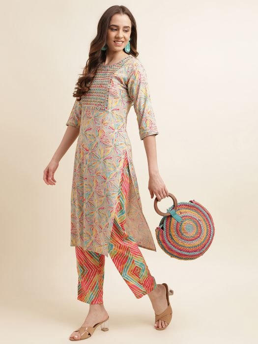 Multi Abstract Printed Sequined Thread Work Kurta with Trousers kurta sets