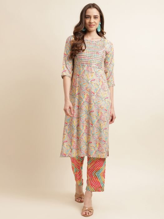 Multi Abstract Printed Sequined Thread Work Kurta with Trousers kurta sets