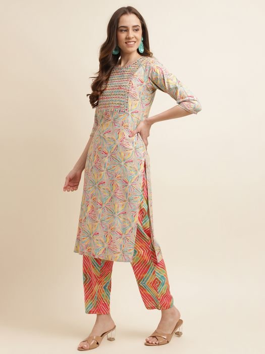 Multi Abstract Printed Sequined Thread Work Kurta with Trousers kurta sets