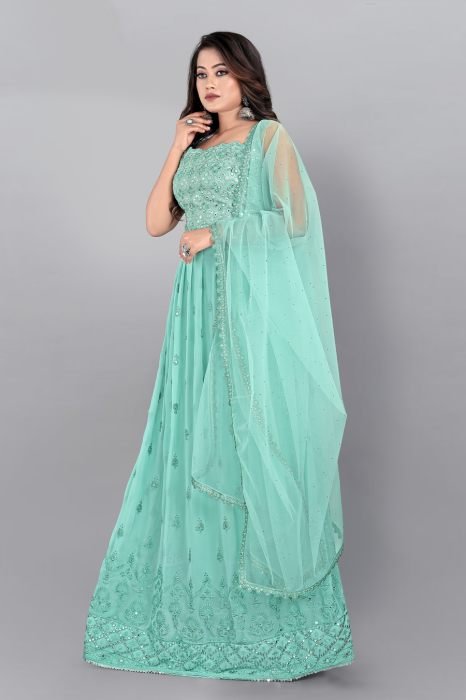  Aqua Blue Embroidered Mirror Work Semi Stitched Kurta With Plazzo And Dupatta  anarkali suits