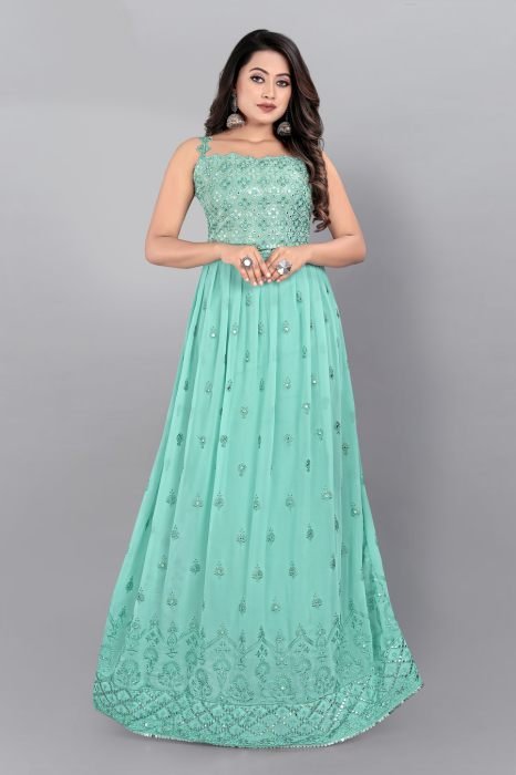  Aqua Blue Embroidered Mirror Work Semi Stitched Kurta With Plazzo And Dupatta  anarkali suits