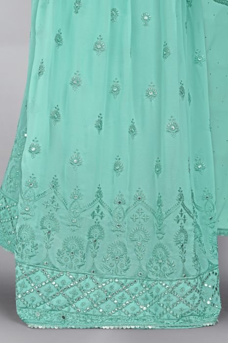  Aqua Blue Embroidered Mirror Work Semi Stitched Kurta With Plazzo And Dupatta  anarkali suits