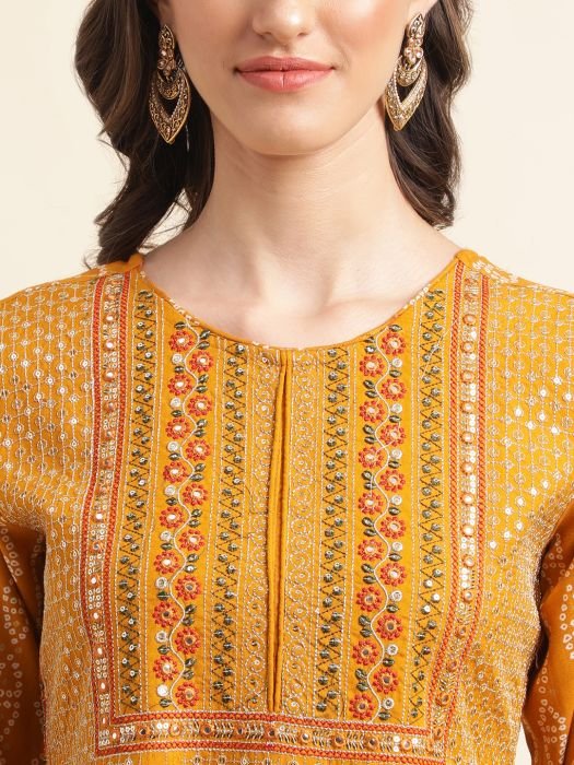 Mustared Bandhani Ethnic Motifs Embroidered Sequined Regular Kurta with Trousers   Dupatta  kurta sets with dupatta