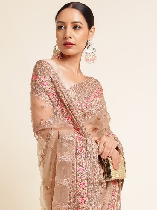 Beige And Pink Floral Embroidered Work Net Saree With Border