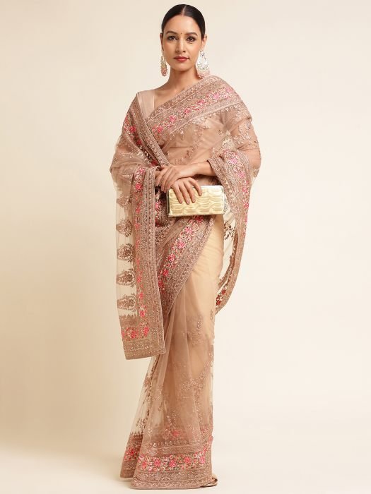 Beige And Pink Floral Embroidered Work Net Saree With Border party wear saree