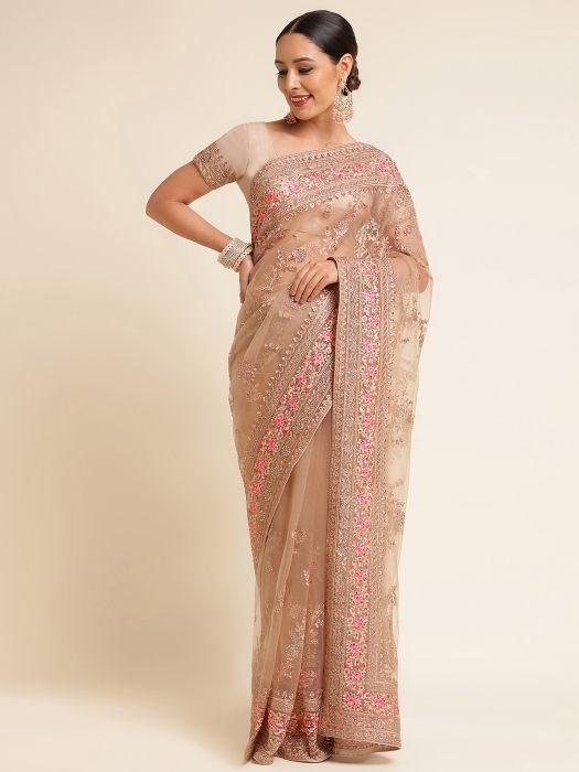 Beige And Pink Floral Embroidered Work Net Saree With Border party wear saree