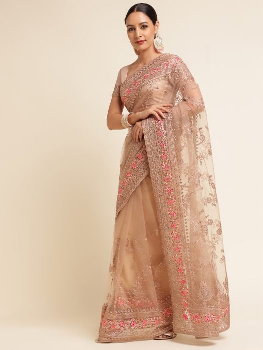 Beige And Pink Floral Embroidered Work Net Saree With Border party wear saree