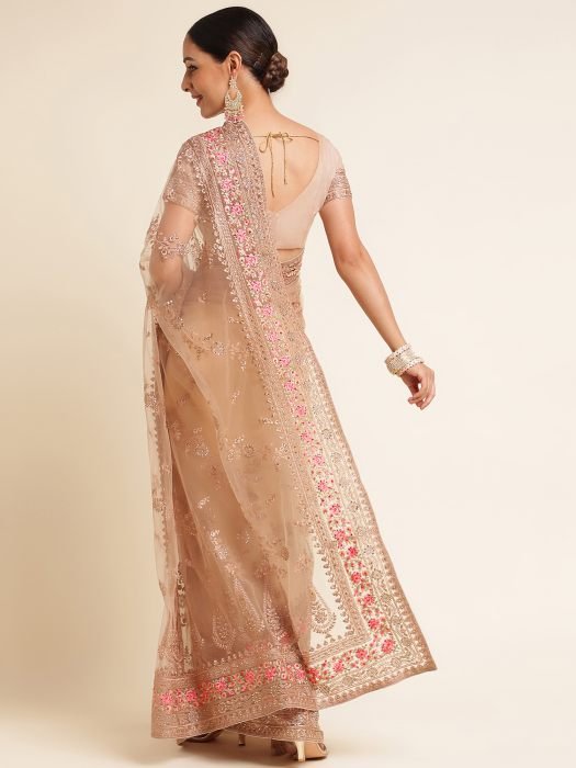 Beige And Pink Floral Embroidered Work Net Saree With Border party wear saree