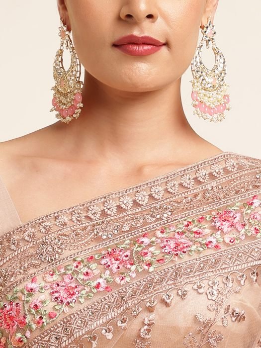 Beige And Pink Floral Embroidered Work Net Saree With Border party wear saree