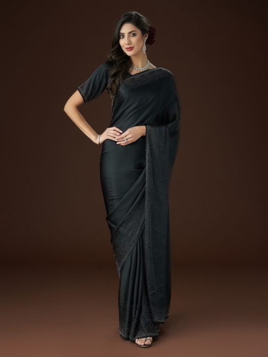 Black Beads And Stone Work Satin Saree party wear saree