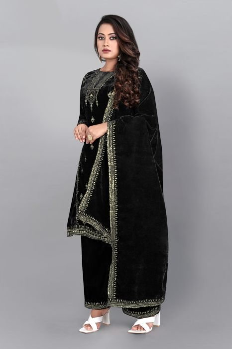 Black Floral Embroidered Work Velvet Semi Stitched Kurta With Plazzo  And Dupatta  summer suits