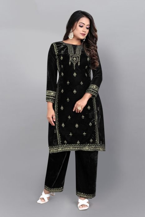 Black Floral Embroidered Work Velvet Semi Stitched Kurta With Plazzo  And Dupatta  summer suits