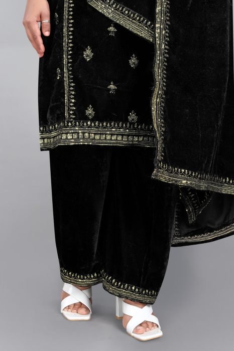 Black Floral Embroidered Work Velvet Semi Stitched Kurta With Plazzo  And Dupatta  summer suits