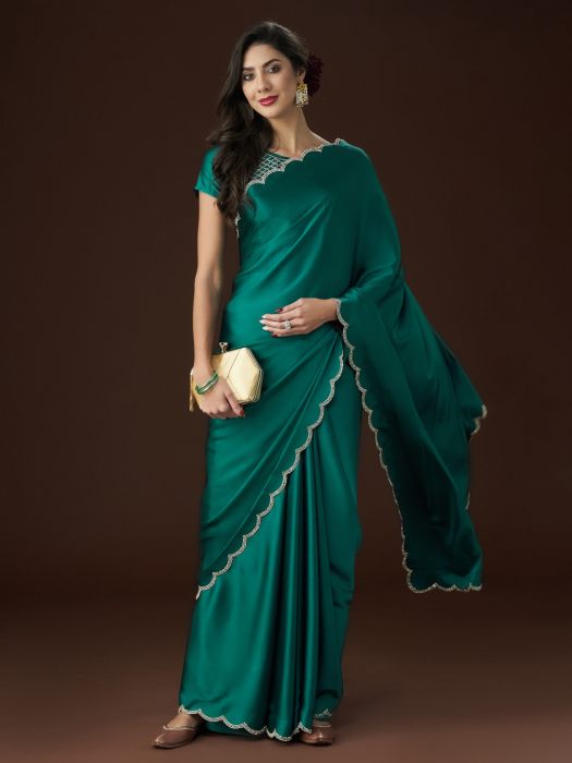 Blue Embellished Satin Saree green sarees
