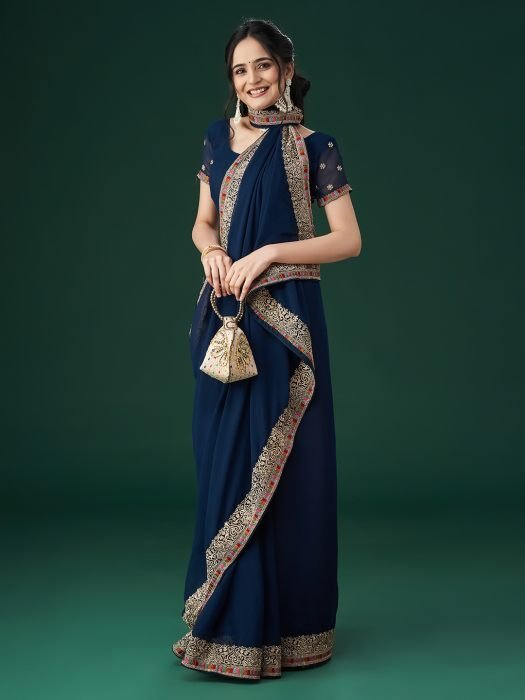 Blue Ethnic Motifs Embroidered Bordered Saree embroidered saree