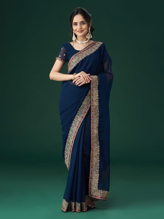 Blue Ethnic Motifs Embroidered Bordered Saree embroidered saree